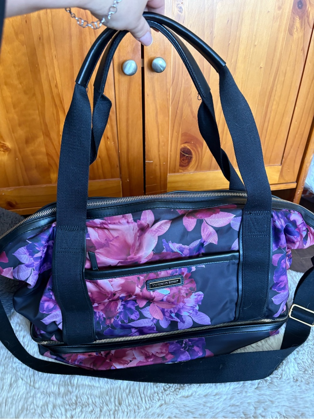 Victoria's Secret Black Weekender Bag with Purple Floral Print